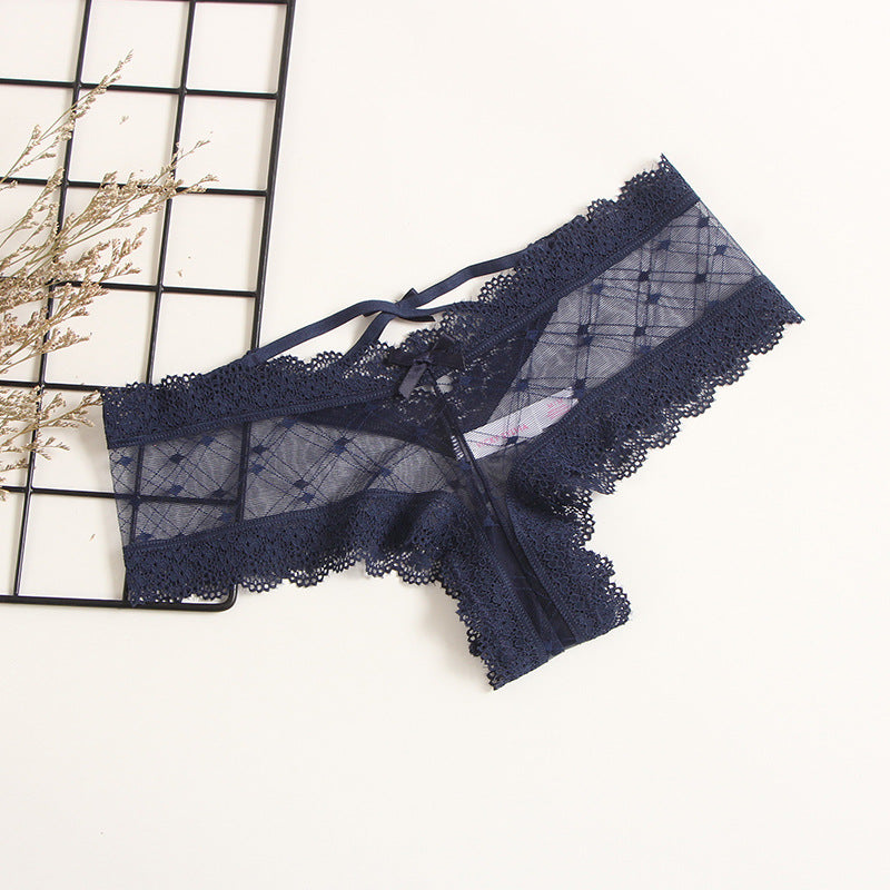 Europe and the United States sexy hollow lace underwear lady cross tie bow half bag hip mesh briefs female foreign trade