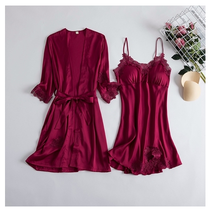 Sexy pajama Women's Summer ice silk halter Nightdress Thin silk imitation nightgown two-piece bridal gown with breast cushion
