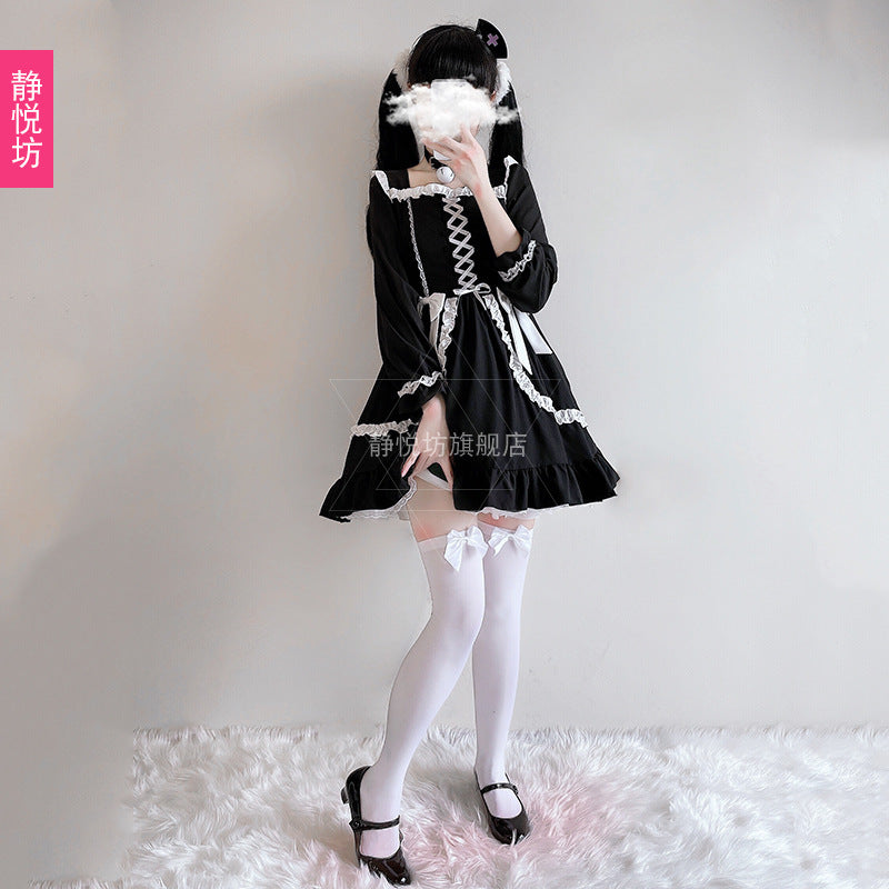 Dark Girl dress cosplay Halloween costume lolita lace bow sexy little black dress girl