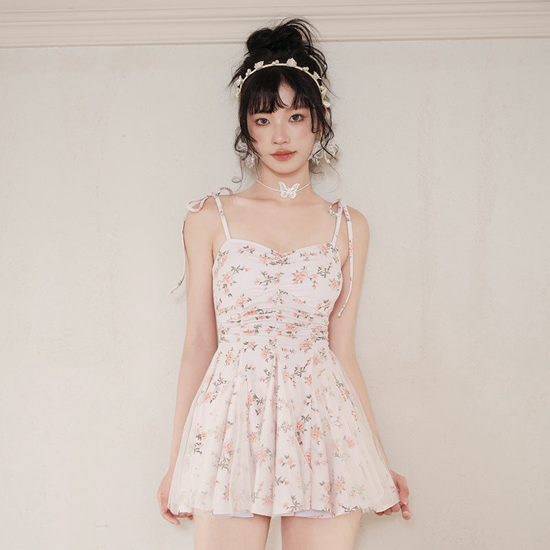 Floral conservative students covered belly thin advanced sense 2023 new net red pure dress bathing suit female summer hot spring