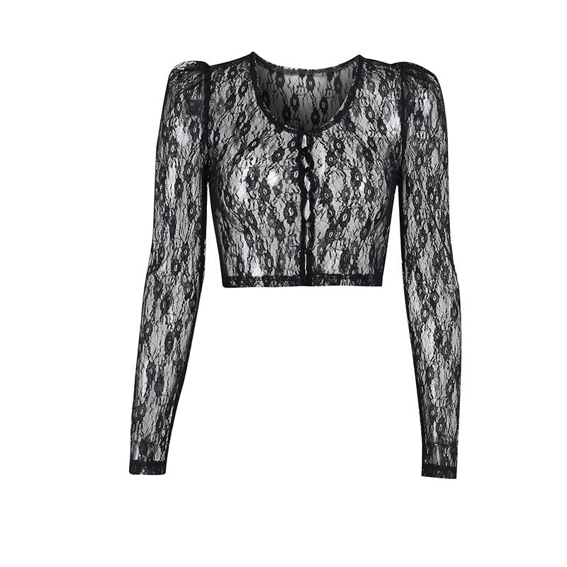 QY21564 dark wind European lace patchwork small broken pattern cardigan button coat shirt perspective V-neck top