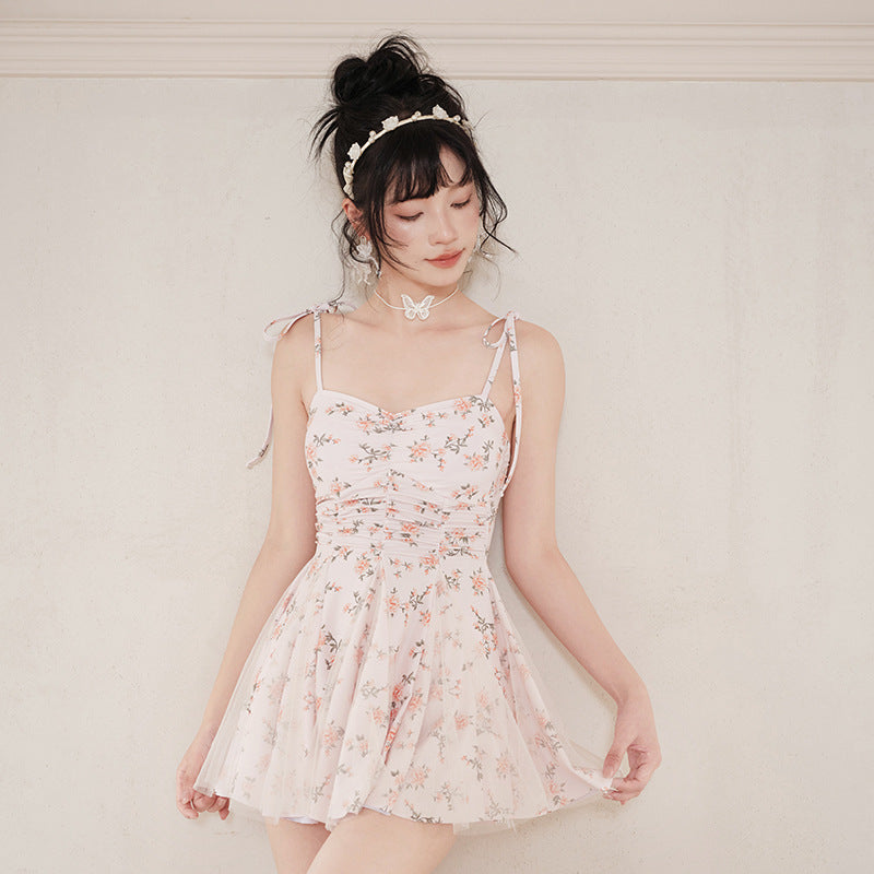 Floral conservative students covered belly thin advanced sense 2023 new net red pure dress bathing suit female summer hot spring