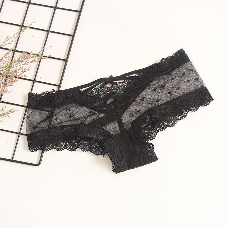 Europe and the United States sexy hollow lace underwear lady cross tie bow half bag hip mesh briefs female foreign trade