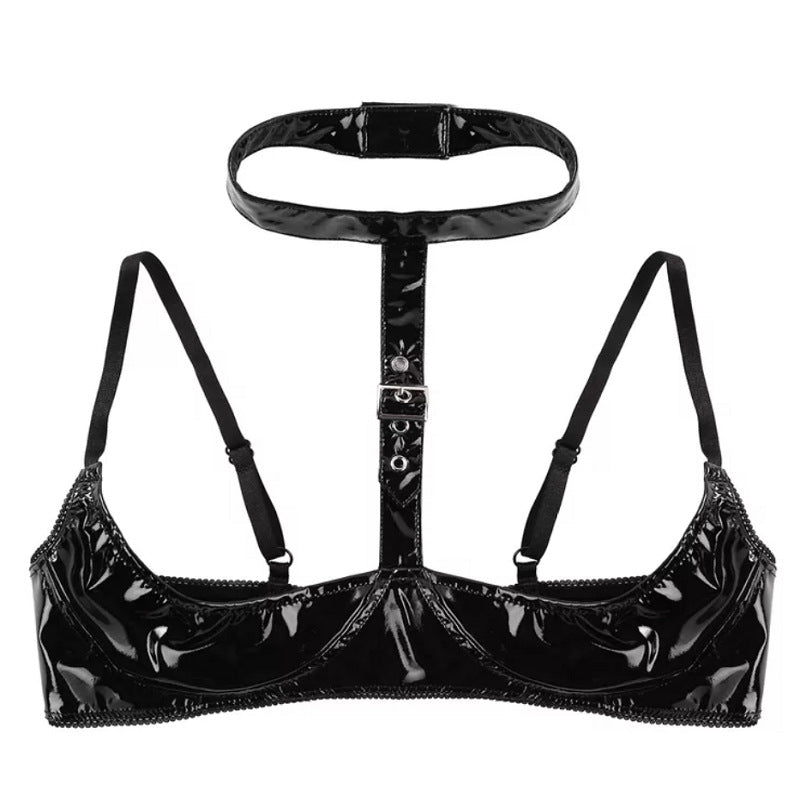 Cross-border products PVC highlighting patent leather sexy Low cut Leather Bra Straps Adjustable Odor Free sizing accurate