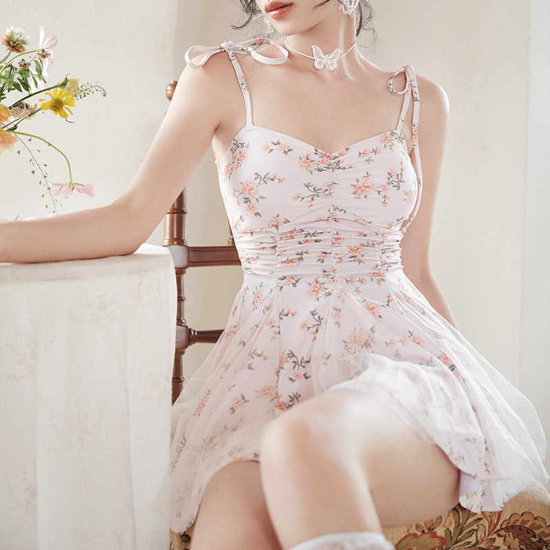 Floral conservative students covered belly thin advanced sense 2023 new net red pure dress bathing suit female summer hot spring