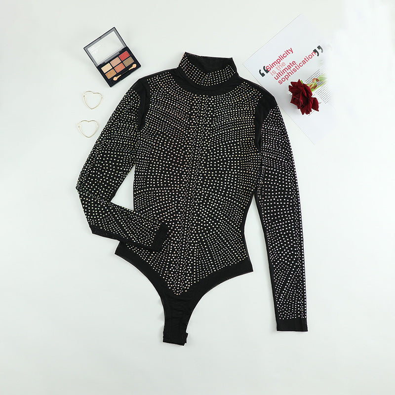 Europe and the United States new sexy pajamas ladies high collar sex underwear, transparent and diamond-encrusted sex one-piece woman
