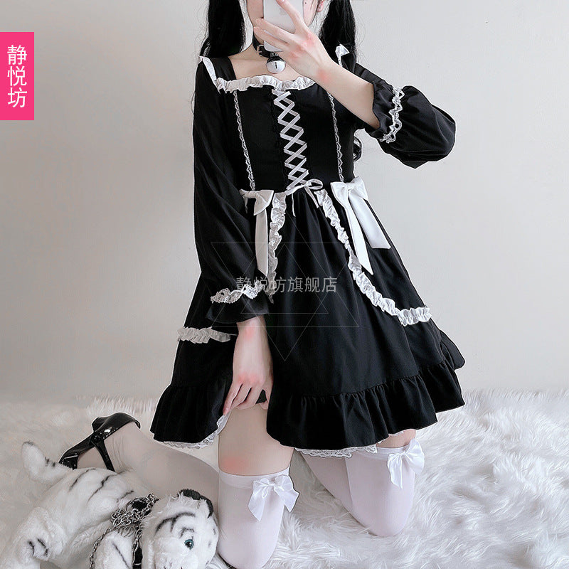 Dark Girl dress cosplay Halloween costume lolita lace bow sexy little black dress girl