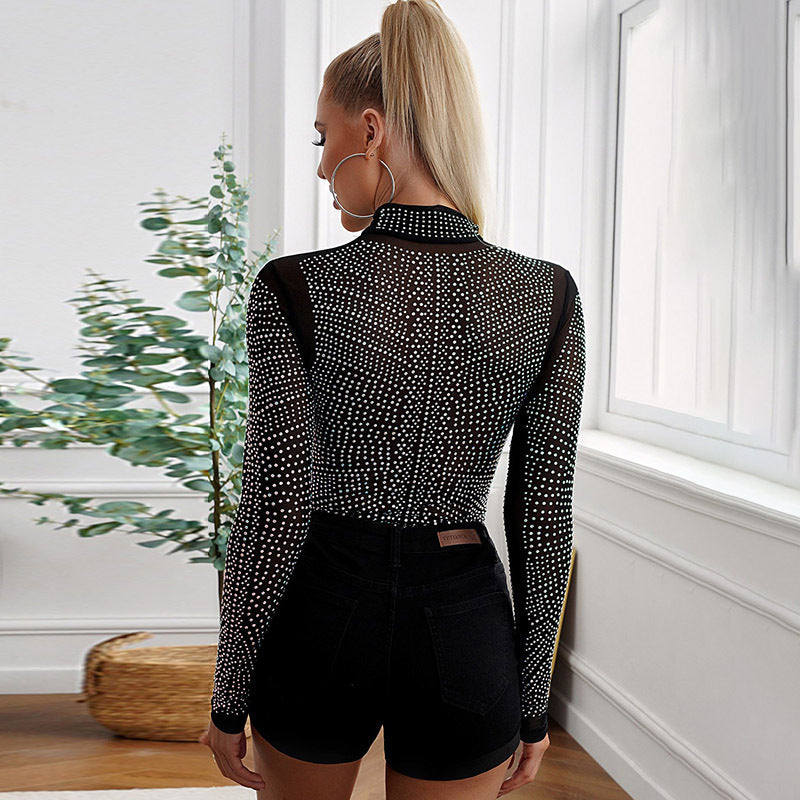 Europe and the United States new sexy pajamas ladies high collar sex underwear, transparent and diamond-encrusted sex one-piece woman