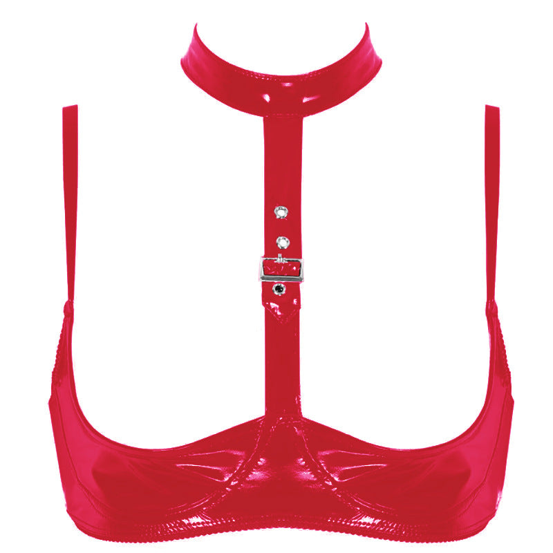 Cross-border products PVC highlighting patent leather sexy Low cut Leather Bra Straps Adjustable Odor Free sizing accurate