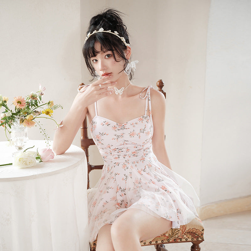 Floral conservative students covered belly thin advanced sense 2023 new net red pure dress bathing suit female summer hot spring