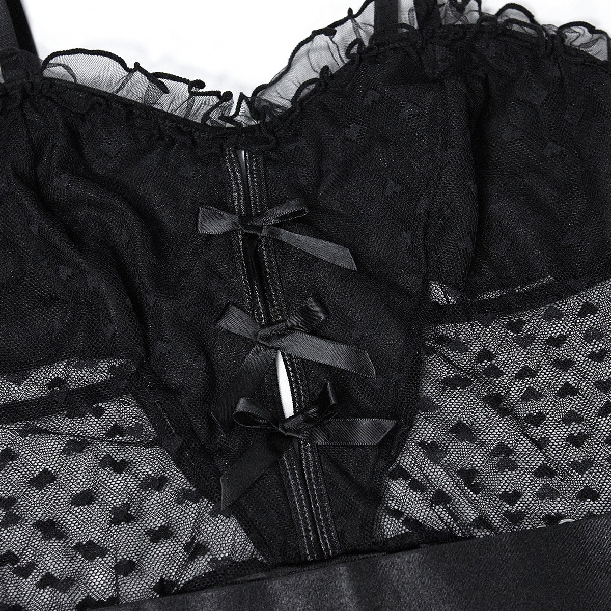 Elegant Garter Bodysuit with Love-Spotted Mesh Bra Show