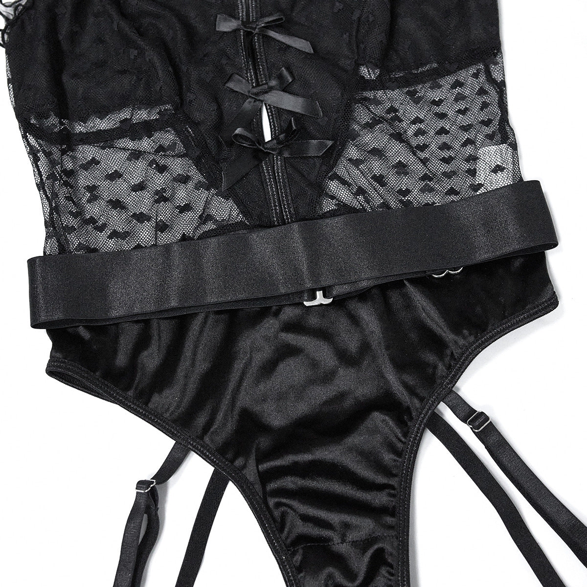Elegant Garter Bodysuit with Love-Spotted Mesh Details