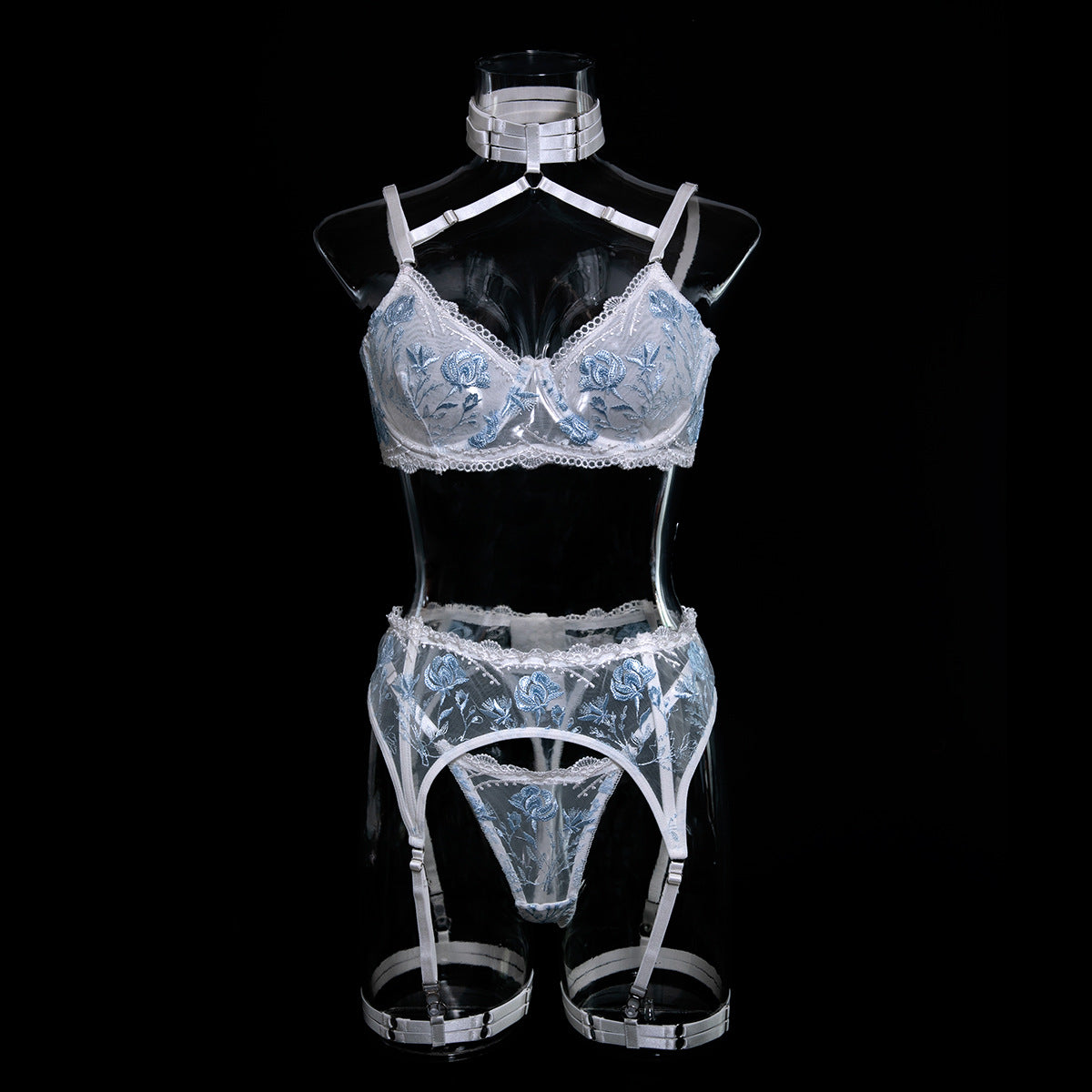 Wholesale White Bra and Knickers Set with Flower Embroidery Front Display