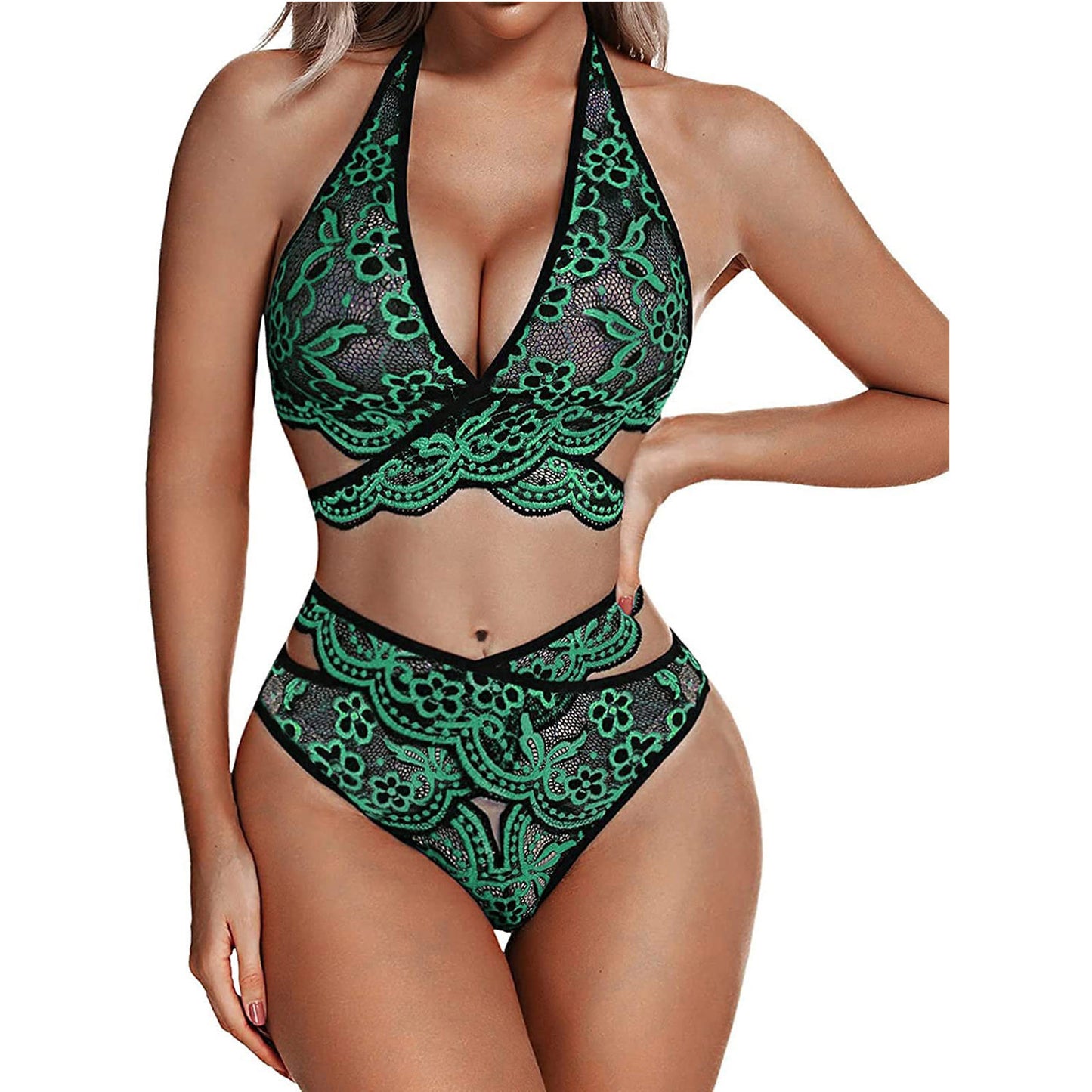 Sexy underwear European and American foreign trade three point lace mesh embroidery text split round perspective sexy temptation wholesale hair