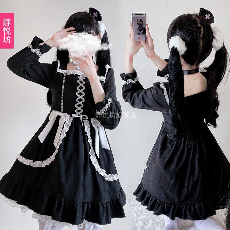 Dark Girl dress cosplay Halloween costume lolita lace bow sexy little black dress girl