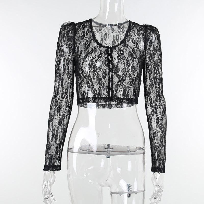 QY21564 dark wind European lace patchwork small broken pattern cardigan button coat shirt perspective V-neck top
