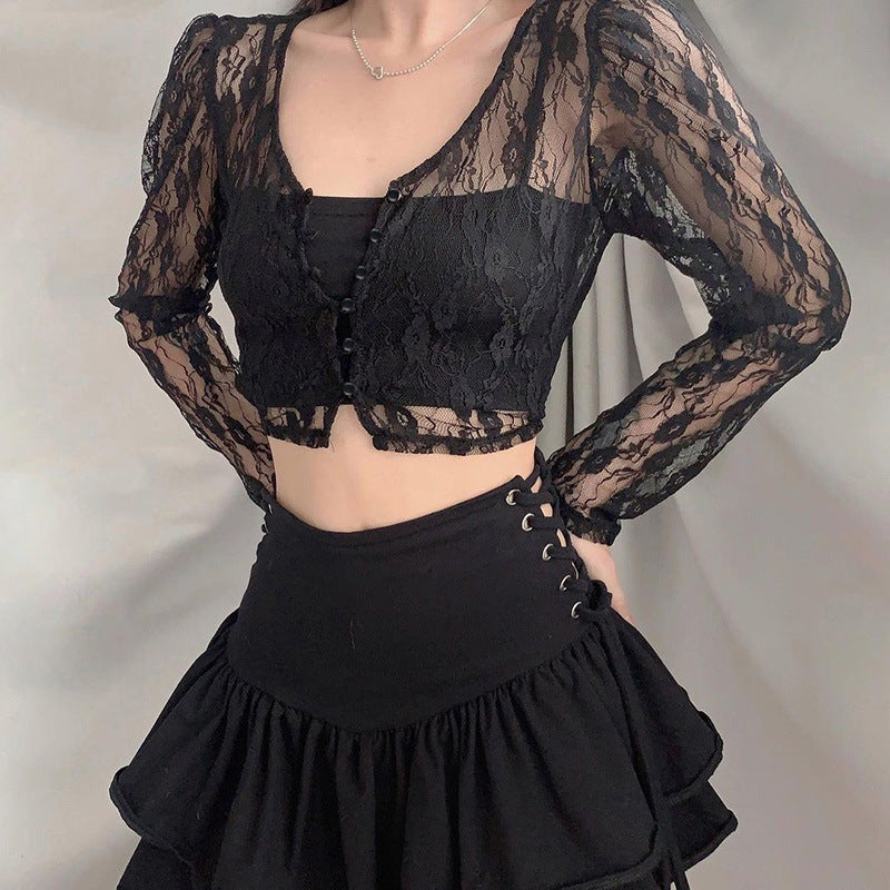 QY21564 dark wind European lace patchwork small broken pattern cardigan button coat shirt perspective V-neck top