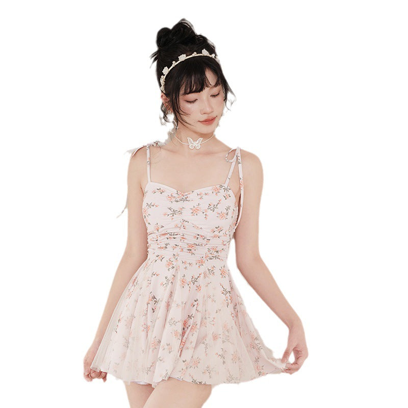 Floral conservative students covered belly thin advanced sense 2023 new net red pure dress bathing suit female summer hot spring